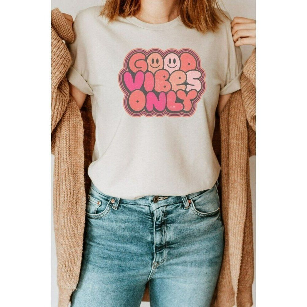 Good Vibes Only Graphic Tee Comfort Colors 1717 Relaxed Slogan Shirt New